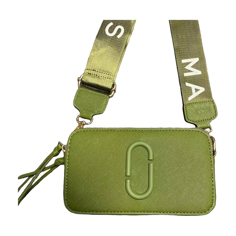 Logo Camera Crossbody Bag with Lettered Strap in Olive Green, supplier source view