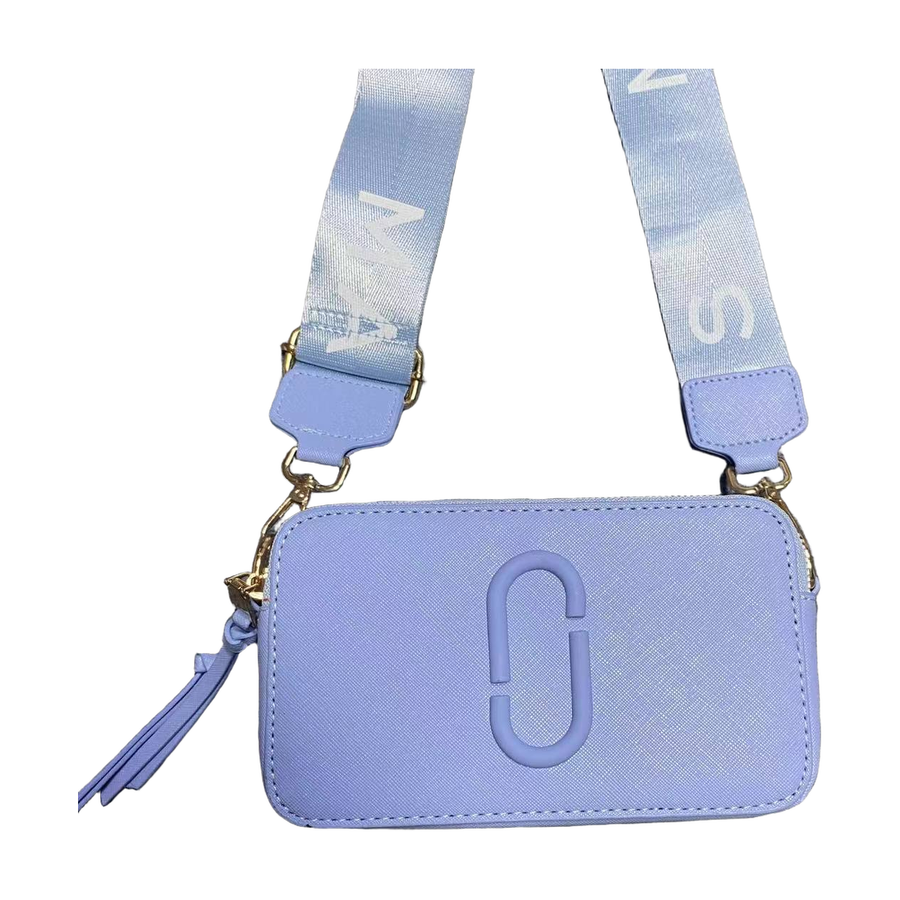 Logo Camera Crossbody Bag with Lettered Strap in Lavender Blue, supplier source view