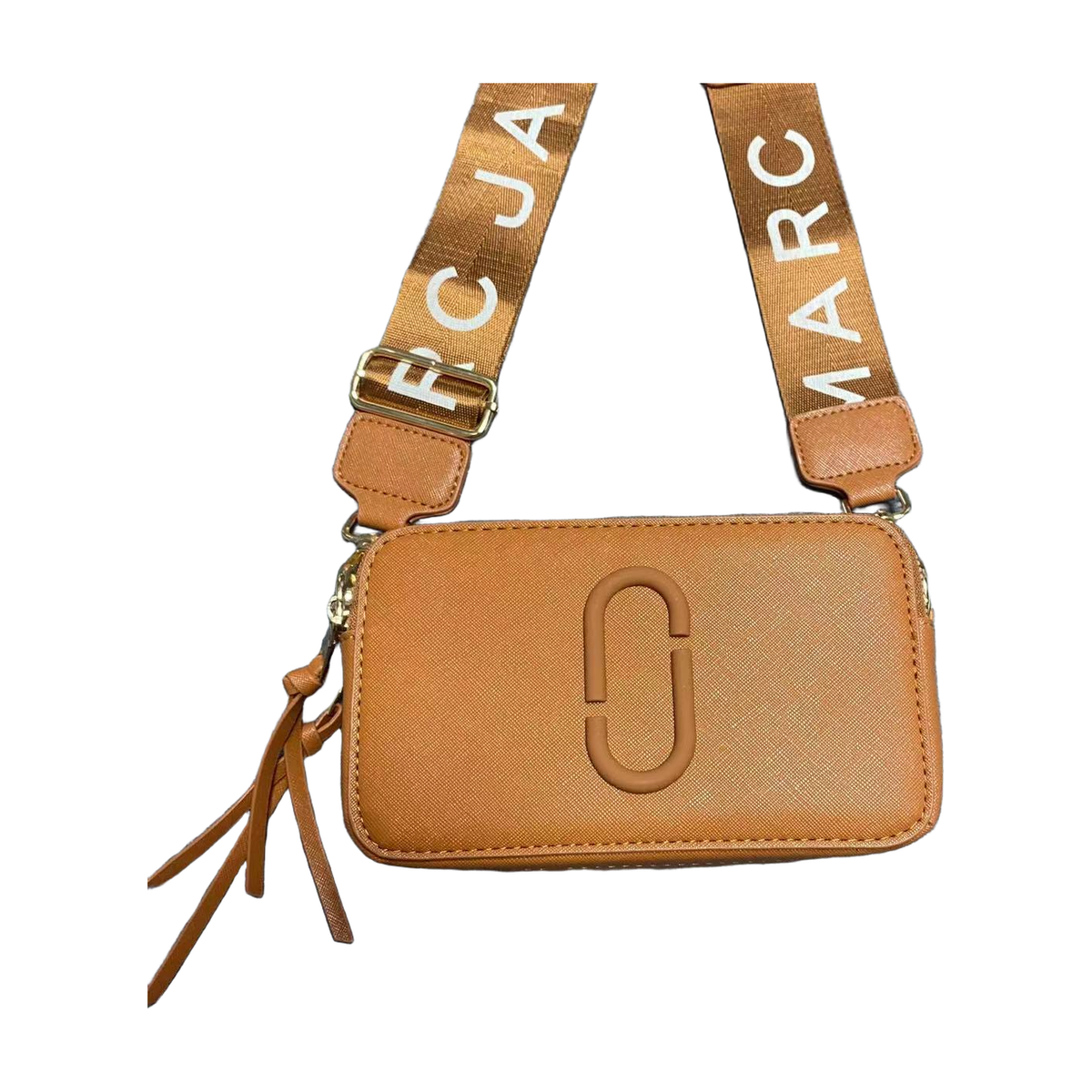 Logo Camera Crossbody Bag with Lettered Strap in Cognac Brown, supplier source view