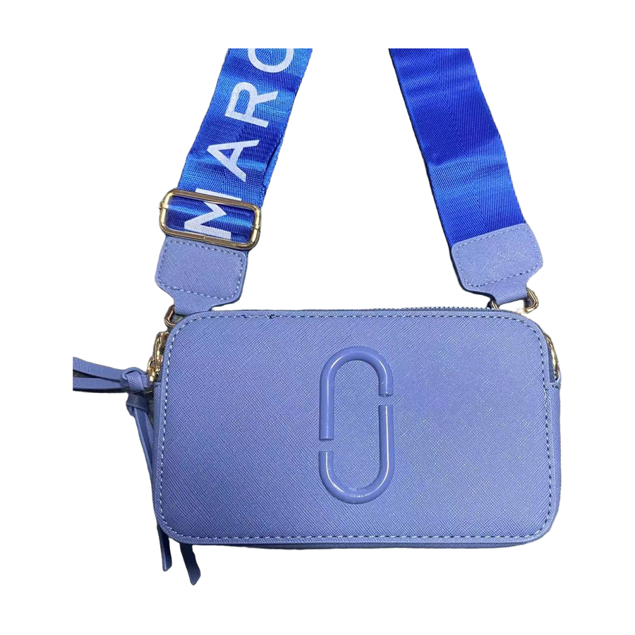 Logo Camera Crossbody Bag with Lettered Strap in Lavender Blue, supplier source view