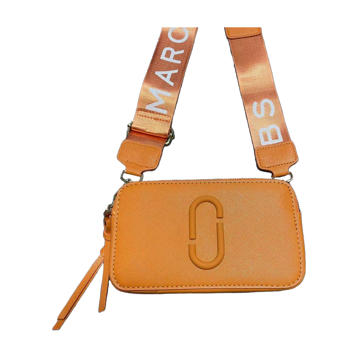 Logo Camera Crossbody Bag with Lettered Strap in Orange, supplier source view