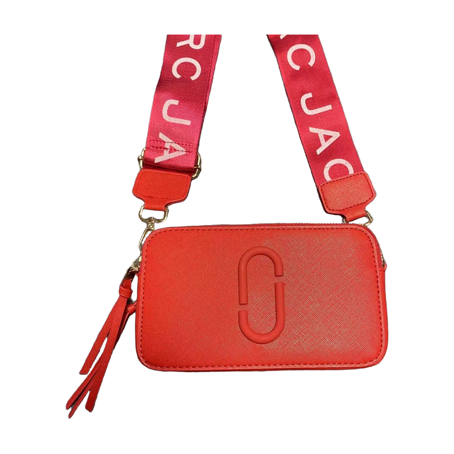 Logo Camera Crossbody Bag with Lettered Strap in Red, supplier source view