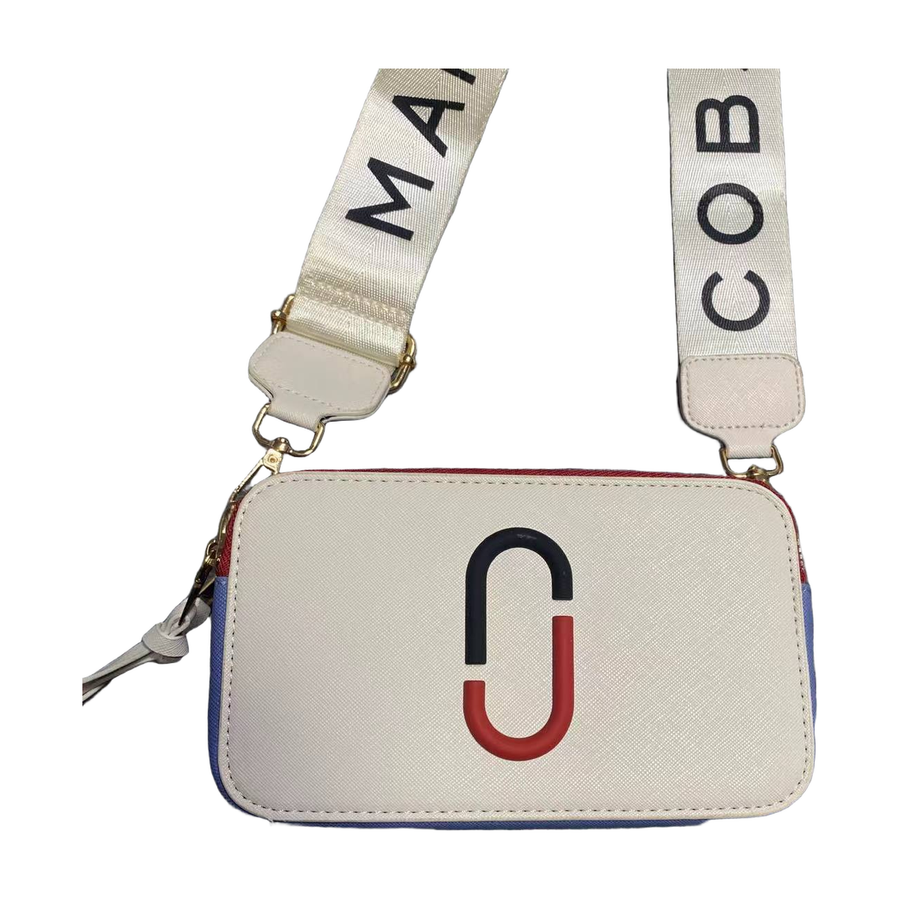 Logo Camera Crossbody Bag with Lettered Strap in Ivory / Black / Red, supplier source view