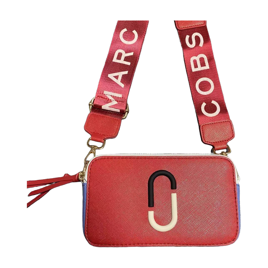 Logo Camera Crossbody Bag with Lettered Strap in Red / Black / White, supplier source view