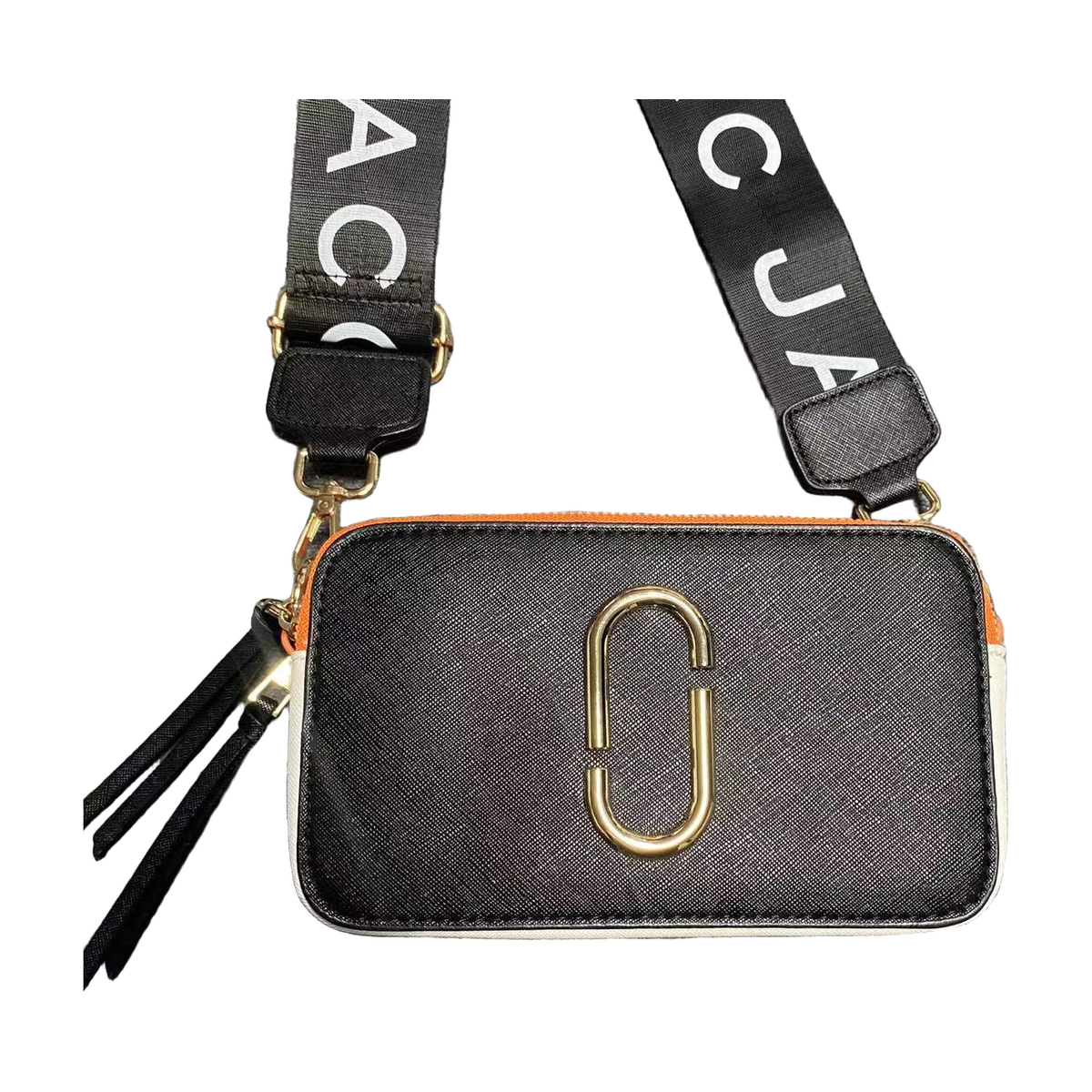 Logo Camera Crossbody Bag with Lettered Strap in Black / Orange Trim, supplier source view