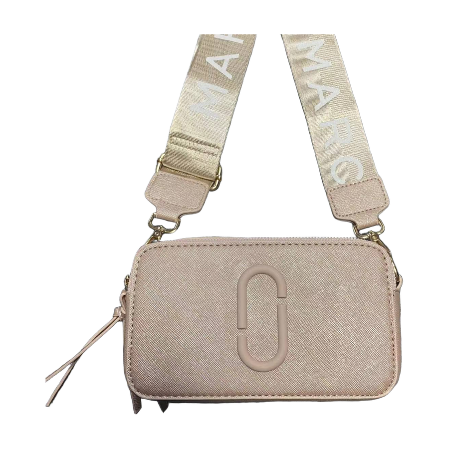 Logo Camera Crossbody Bag with Lettered Strap in Taupe Beige, supplier source view