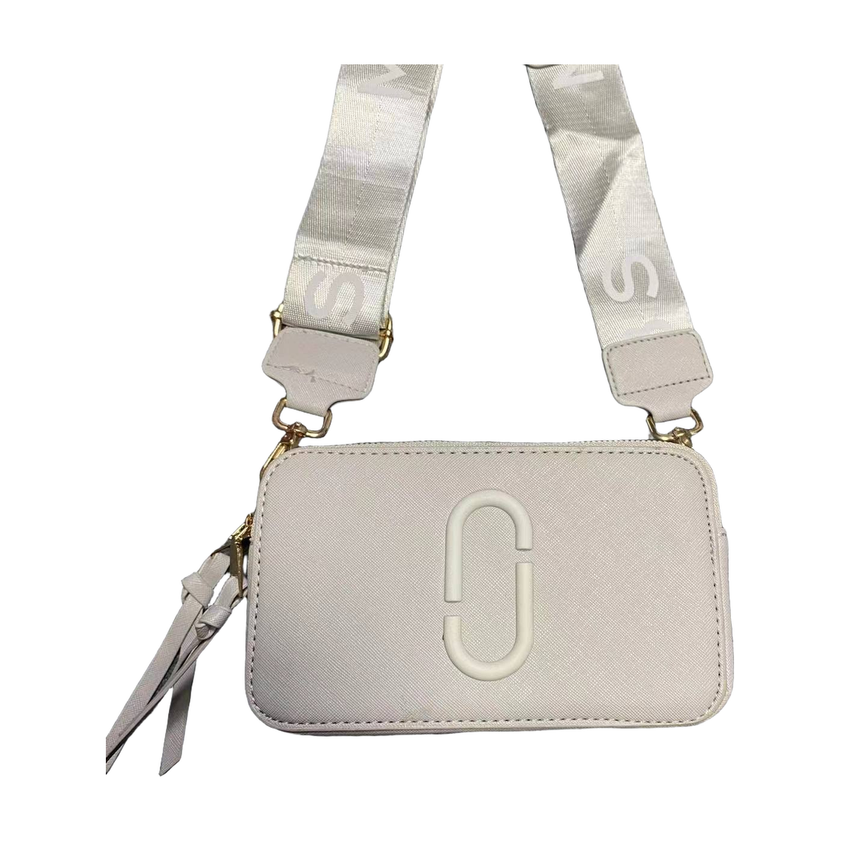 Logo Camera Crossbody Bag with Lettered Strap in Light Gray, supplier source view
