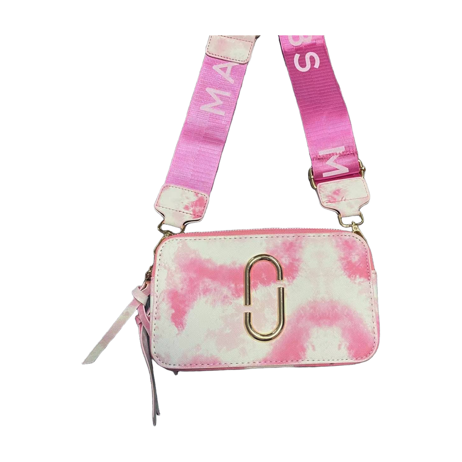 Logo Camera Crossbody Bag with Lettered Strap in White / Pink, supplier source view