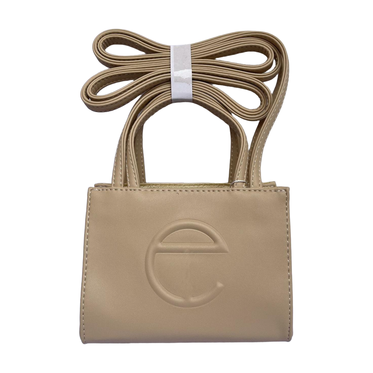 Embossed Logo Tote with Double Handles in Taupe Beige, supplier source view, full product reference view