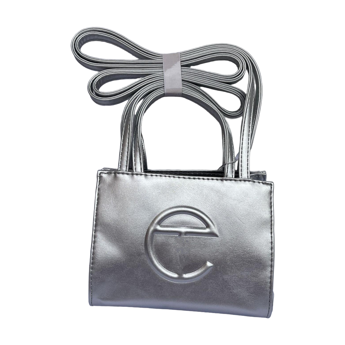 Embossed Logo Tote with Double Handles in Metallic Silver, supplier source view, full product reference view
