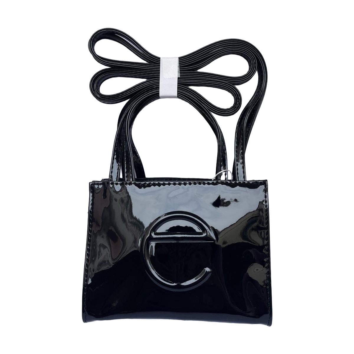 Embossed Logo Tote with Double Handles in Glossy Black, supplier source view, full product reference view