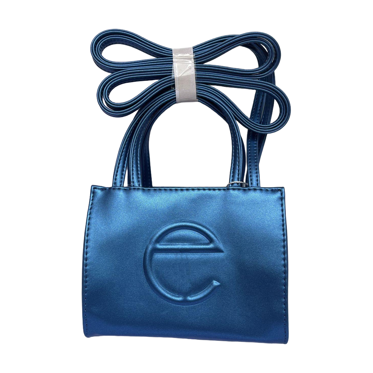Embossed Logo Tote with Double Handles in Metallic Blue, supplier source view, full product reference view