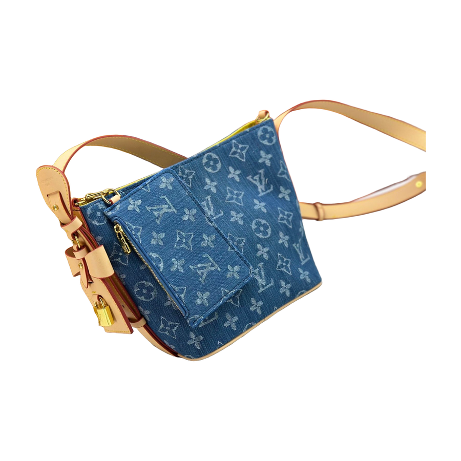 Louis Vuitton Monogram Zip Shoulder Bag with Front Pocket – Blue / Tan, original supplier catalogue view