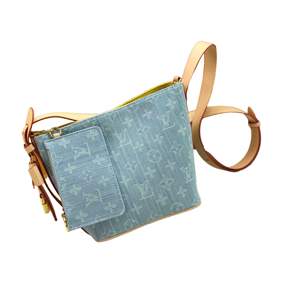 Louis Vuitton Monogram Zip Shoulder Bag with Front Pocket – Light Blue / Tan, original supplier catalogue view