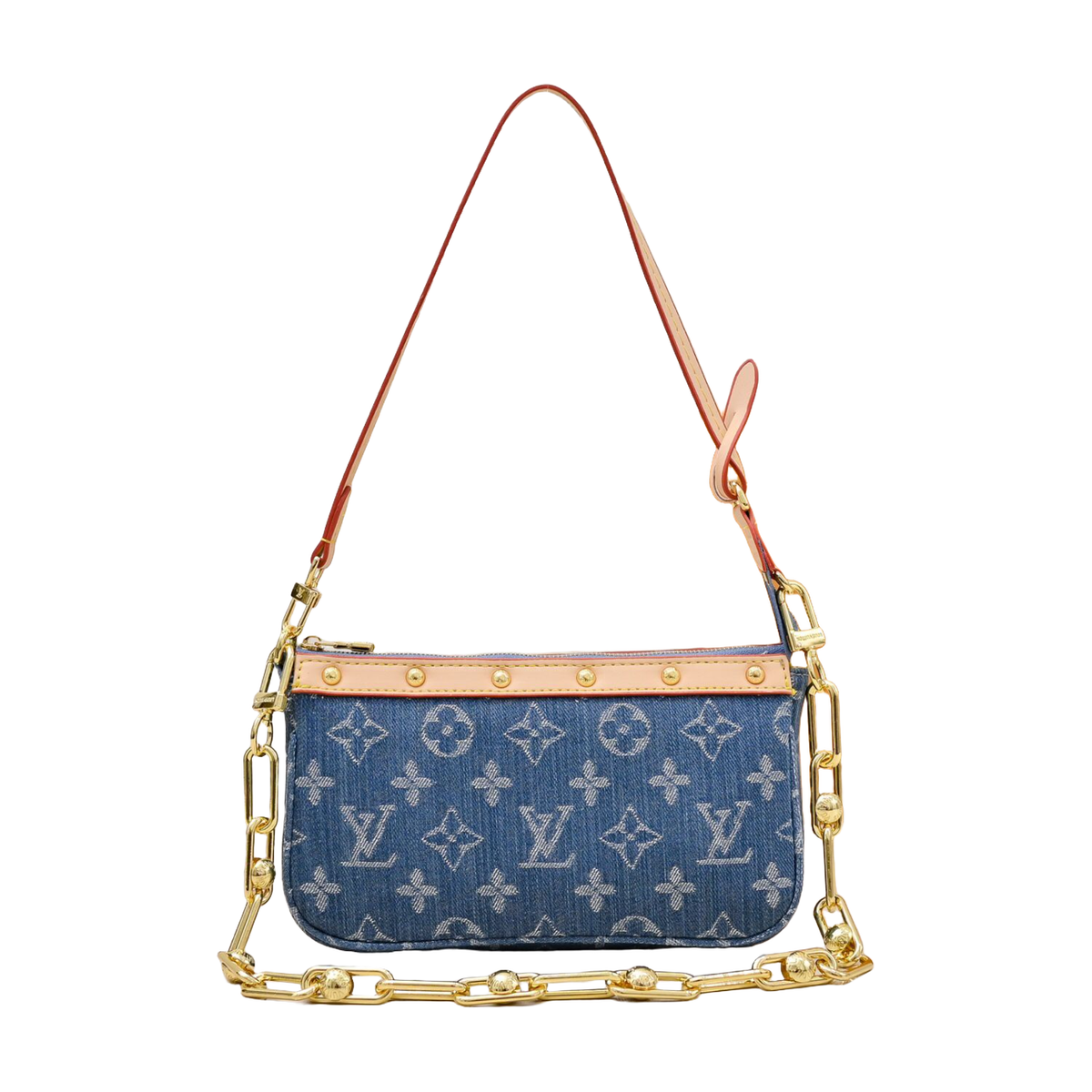 Louis Vuitton Monogram Chain Shoulder Bag with Riveted Trim – Blue / Tan, original supplier catalogue view