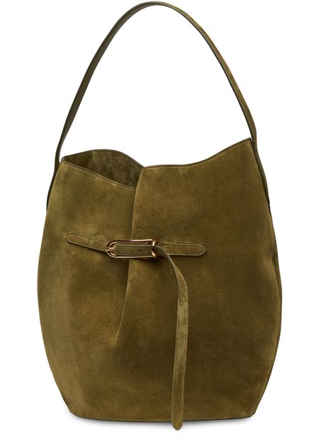 Liffner Large belted suede bucket bag in Army Gold Hardware Cow Suede — view 2