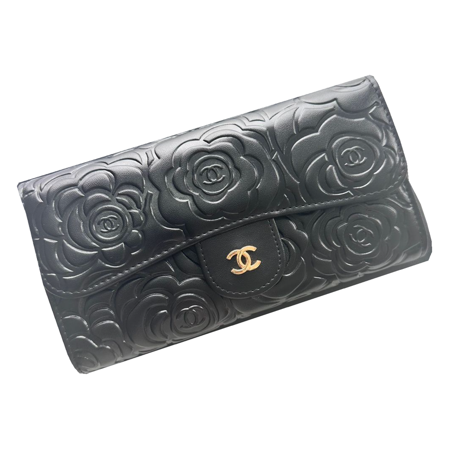 Camellia Embossed Long Flap Wallet — Black