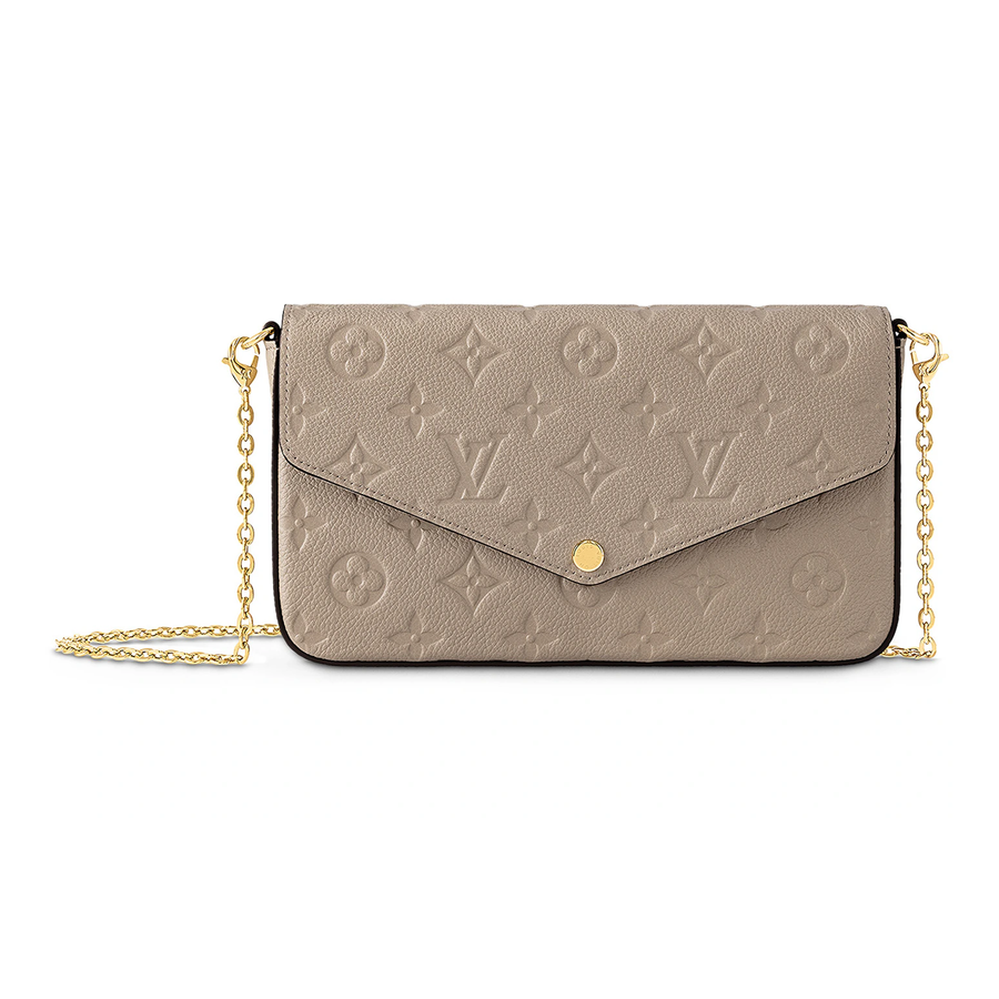 Embossed Monogram Chain Pouch — Taupe