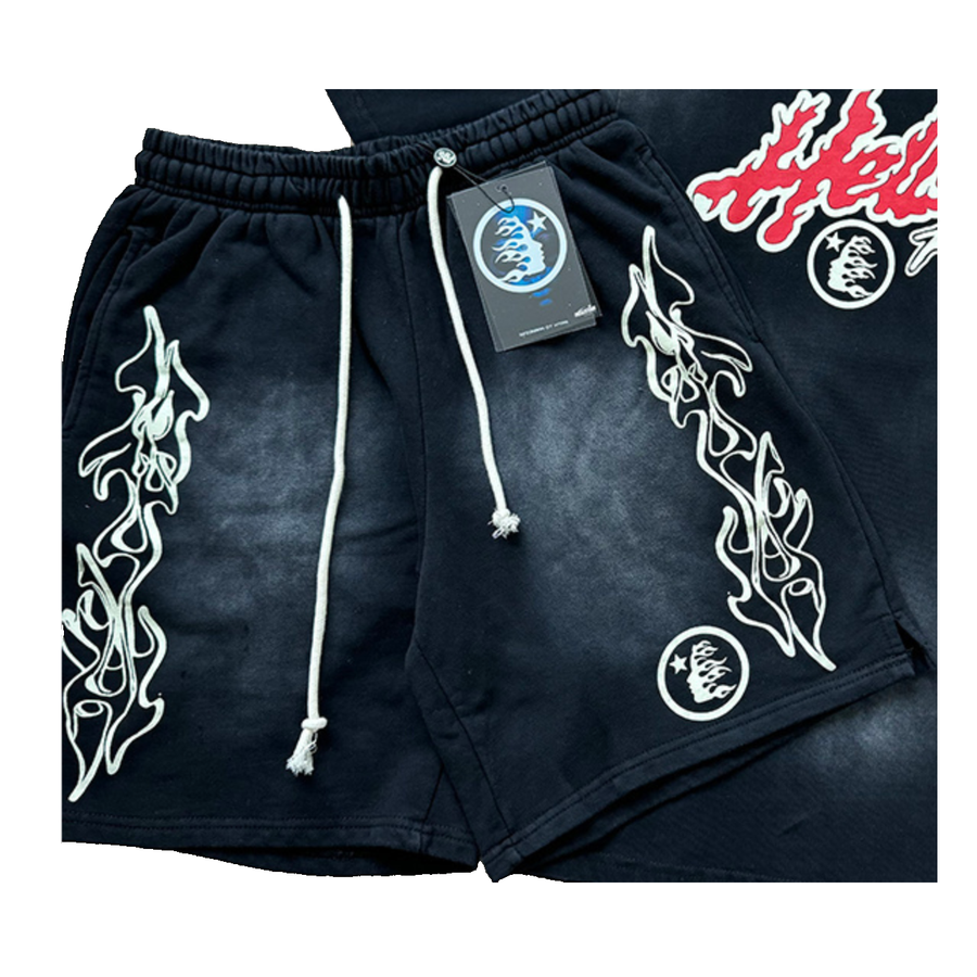 Hellstar Flame Graphic Shorts – Black/White/Red