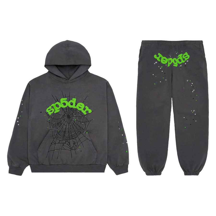 Sp5der Hoodie and Pants Two-Piece Set – Gray/Green