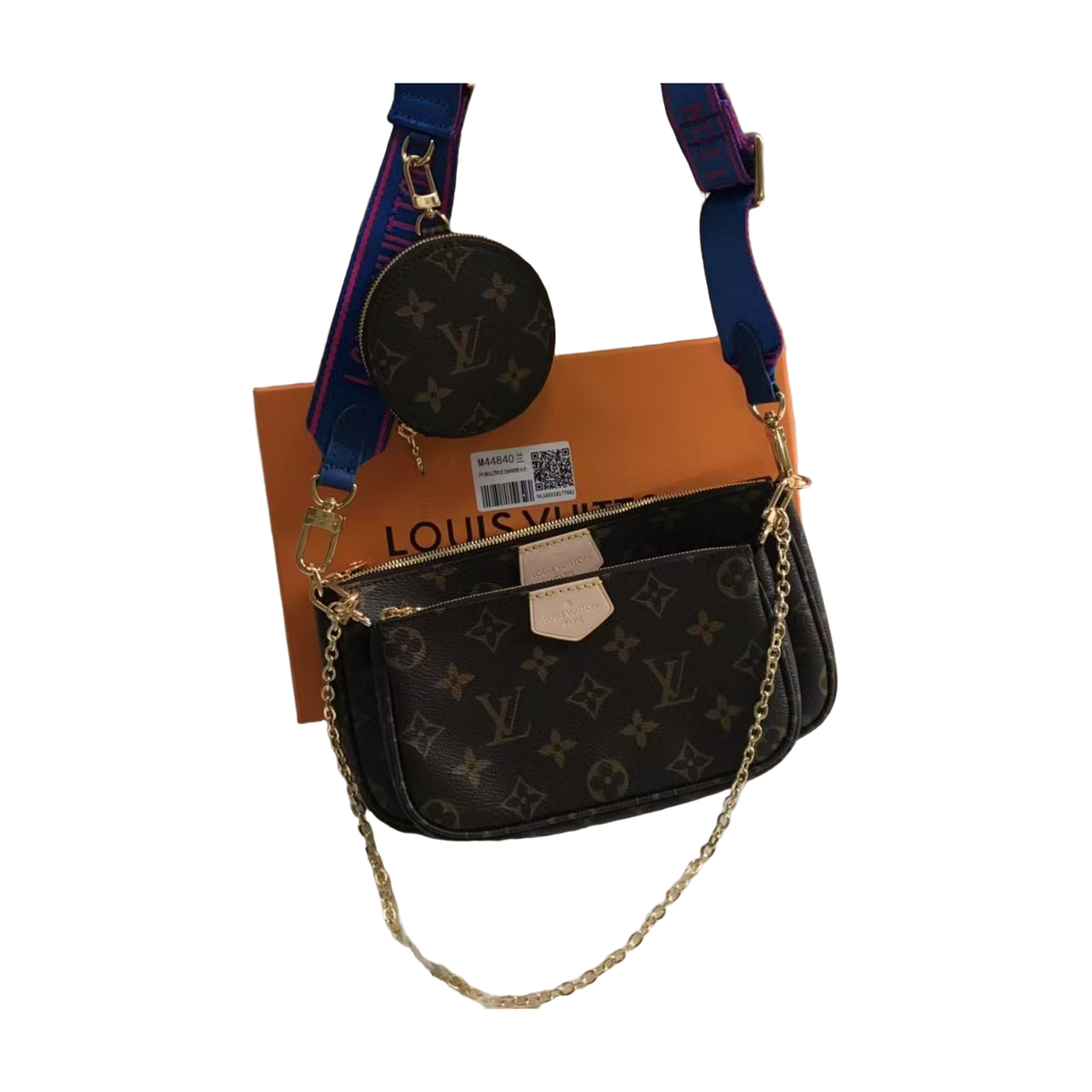 Louis Vuitton Monogram Multi-Pouch Crossbody Bag – Brown / Blue Strap with Pink Lettering