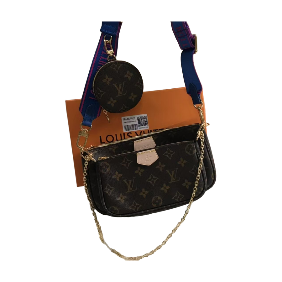 Louis Vuitton Monogram Multi-Pouch Crossbody Bag – Brown / Blue Strap with Pink Lettering