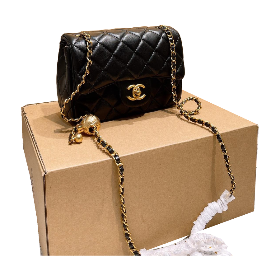 Chanel Diamond Quilted Chain Flap Shoulder Bag with Ball Detail – Black