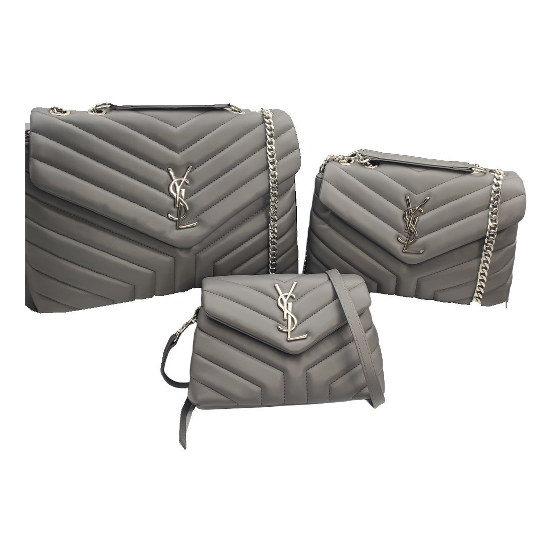 Saint Laurent Chevron Quilted Flap Shoulder Bag with YSL Emblem – Gray