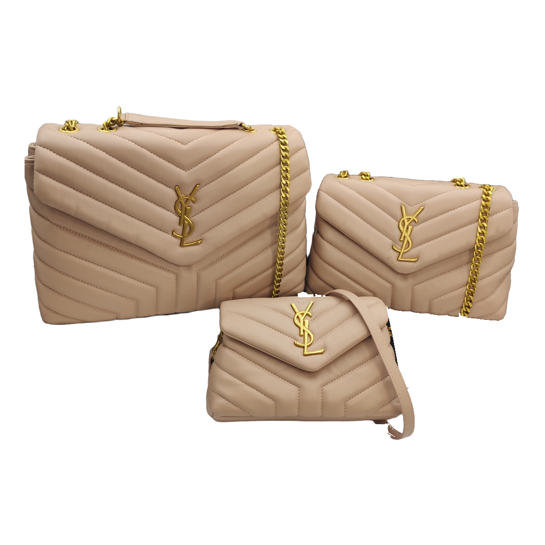 Saint Laurent Chevron Quilted Flap Shoulder Bag with YSL Emblem – Blush Beige