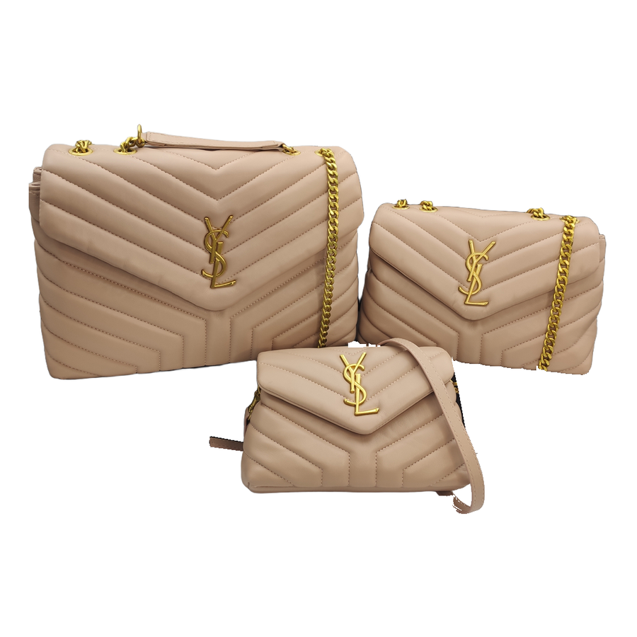 Saint Laurent Chevron Quilted Flap Shoulder Bag with YSL Emblem – Blush Beige