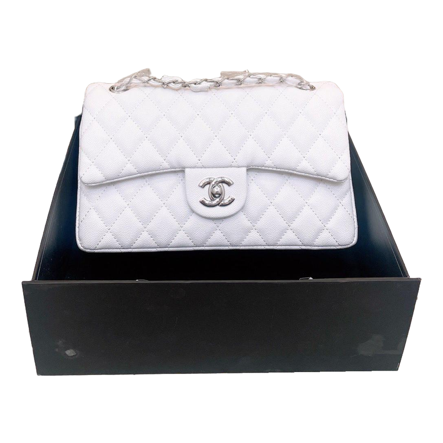 Chanel Grained Diamond Quilted Chain Flap Shoulder Bag – White