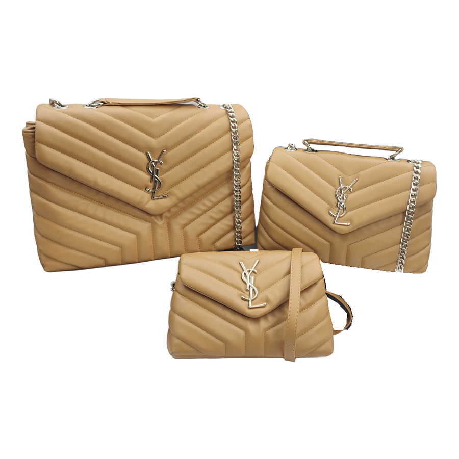 Saint Laurent Chevron Quilted Flap Shoulder Bag with YSL Emblem – Tan Beige