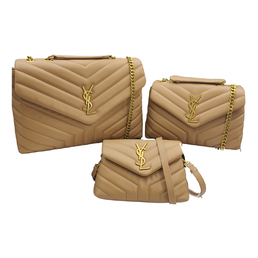 Saint Laurent Chevron Quilted Flap Shoulder Bag with YSL Emblem – Tan Beige