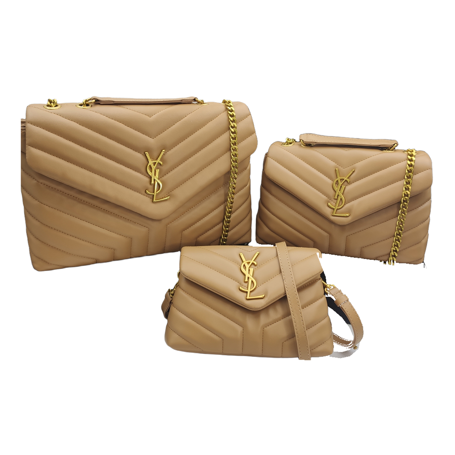 Saint Laurent Chevron Quilted Flap Shoulder Bag with YSL Emblem – Tan Beige