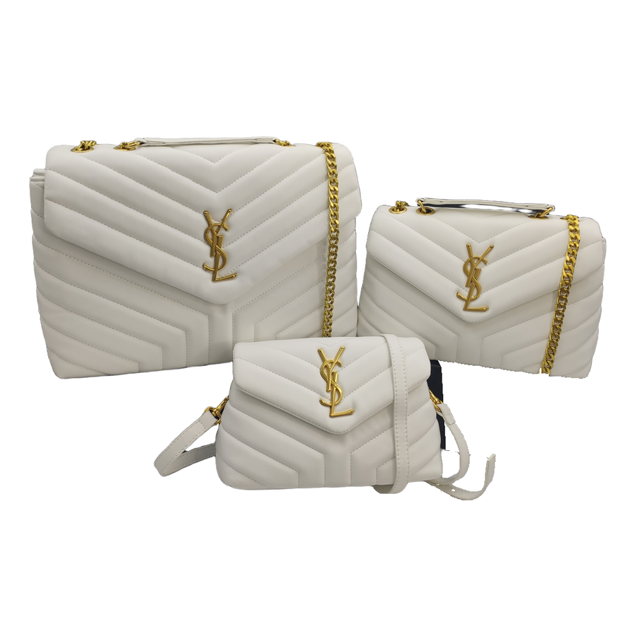 Saint Laurent Chevron Quilted Flap Shoulder Bag with YSL Emblem – Ivory