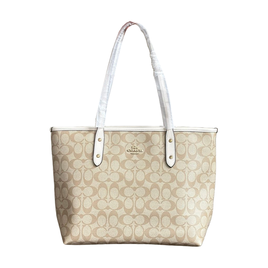 Coach Signature Tote – Beige / White Trim