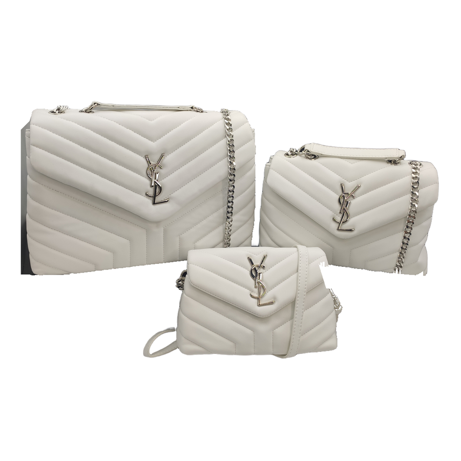 Saint Laurent Chevron Quilted Flap Shoulder Bag with YSL Emblem – Ivory