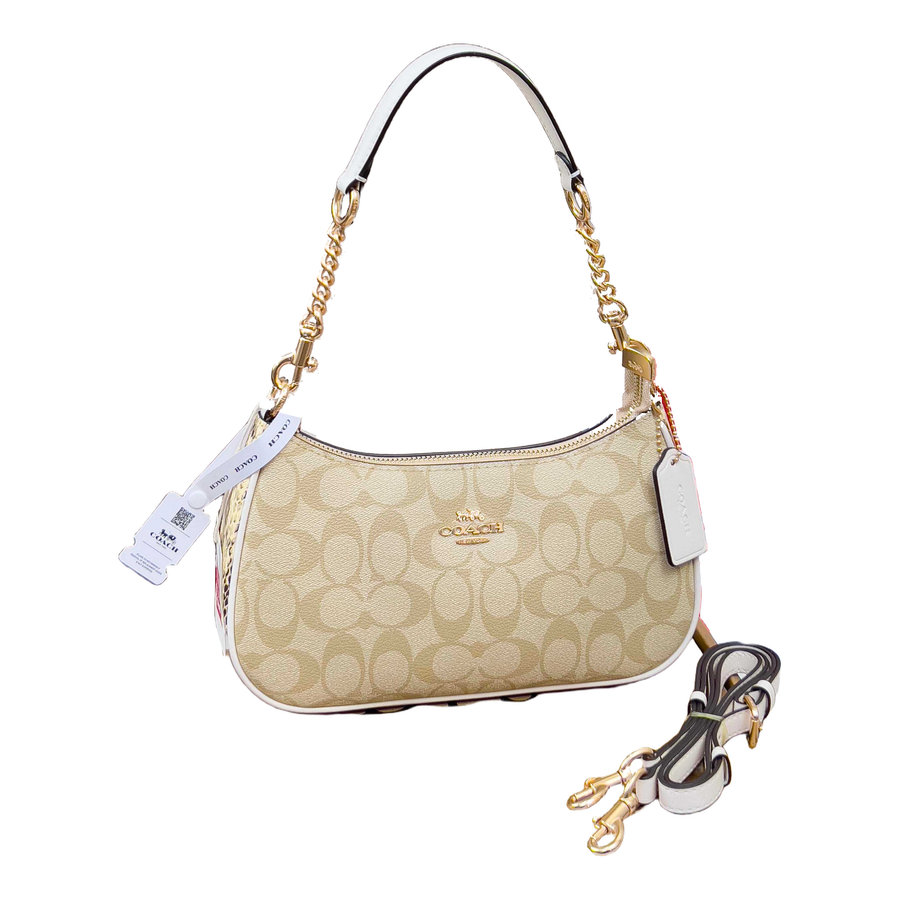 Coach Signature Chain Shoulder Bag – Light Khaki / White Trim