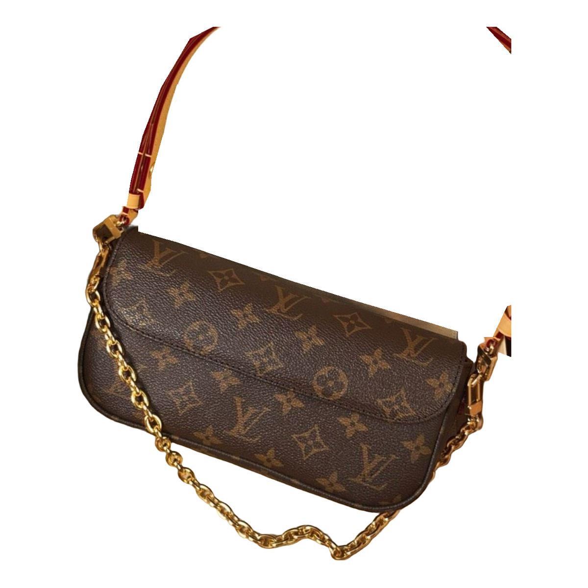 Louis Vuitton Monogram Flap Chain Shoulder Bag – Brown / tan strap with burgundy edges