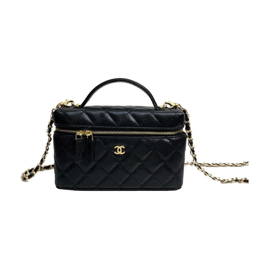 Chanel Diamond Quilted Vanity Bag with Top Handle and Chain – Black
