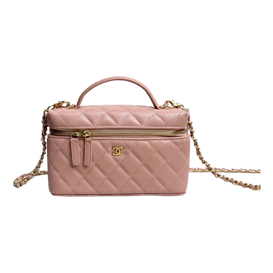 Chanel Diamond Quilted Vanity Bag with Top Handle and Chain – Dusty Pink