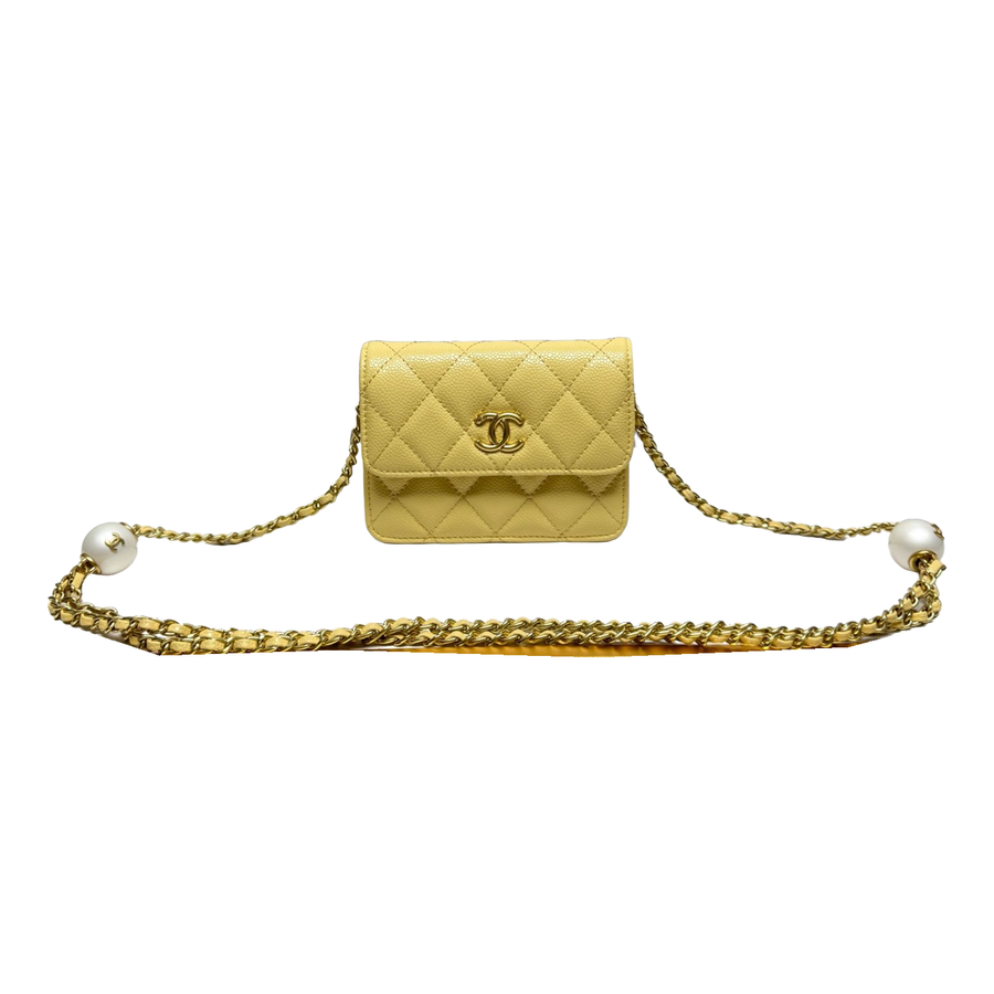 Chanel Diamond Quilted Mini Flap Bag with White-Bead-Detail Chain – Pale Yellow