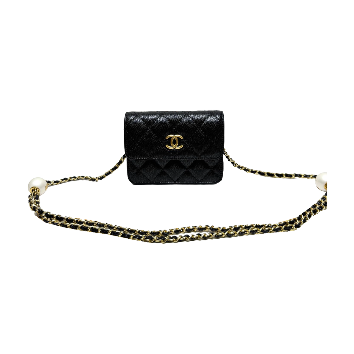 Chanel Diamond Quilted Mini Flap Bag with White-Bead-Detail Chain – Black