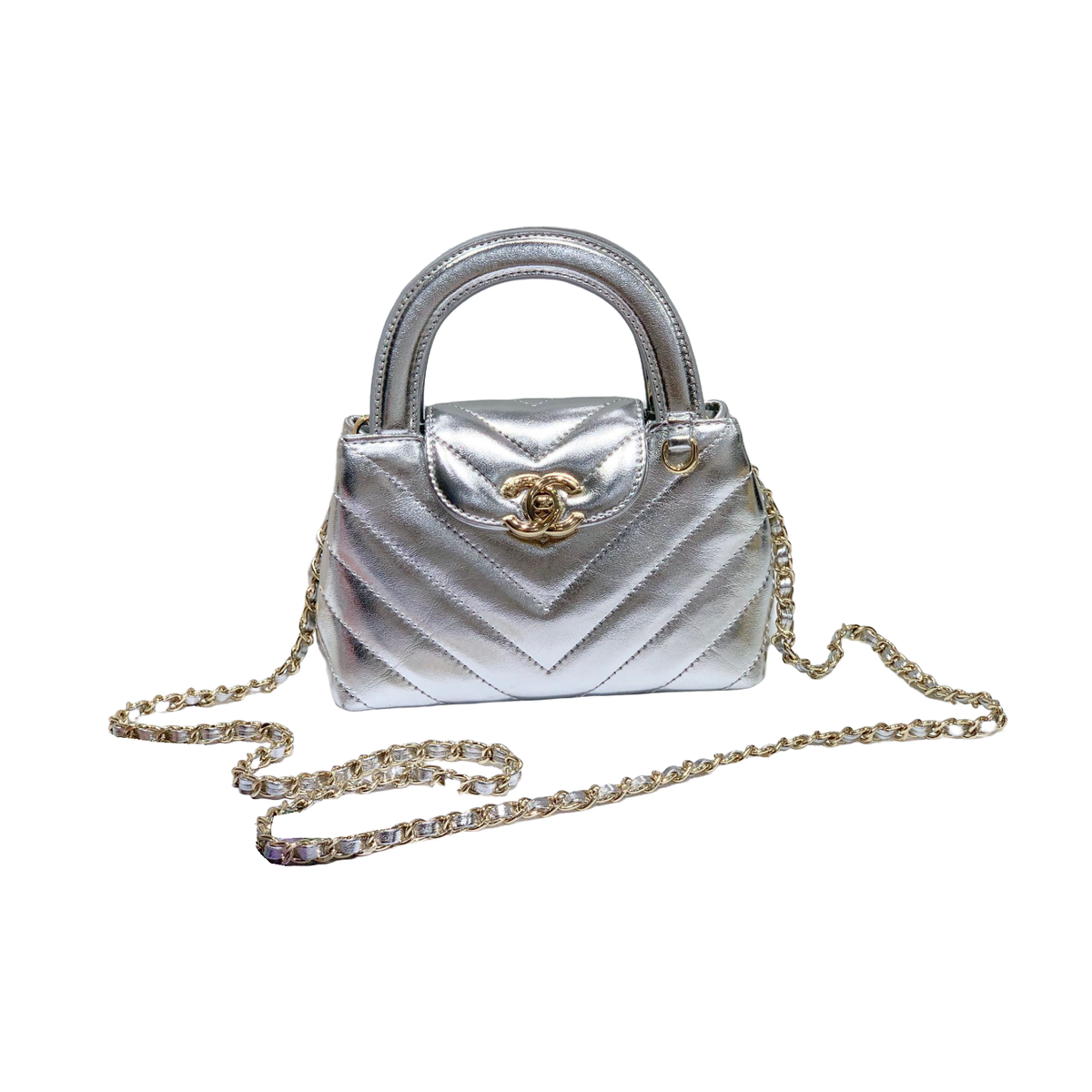 Chanel Chevron Quilted Top Handle Bag – Metallic Silver