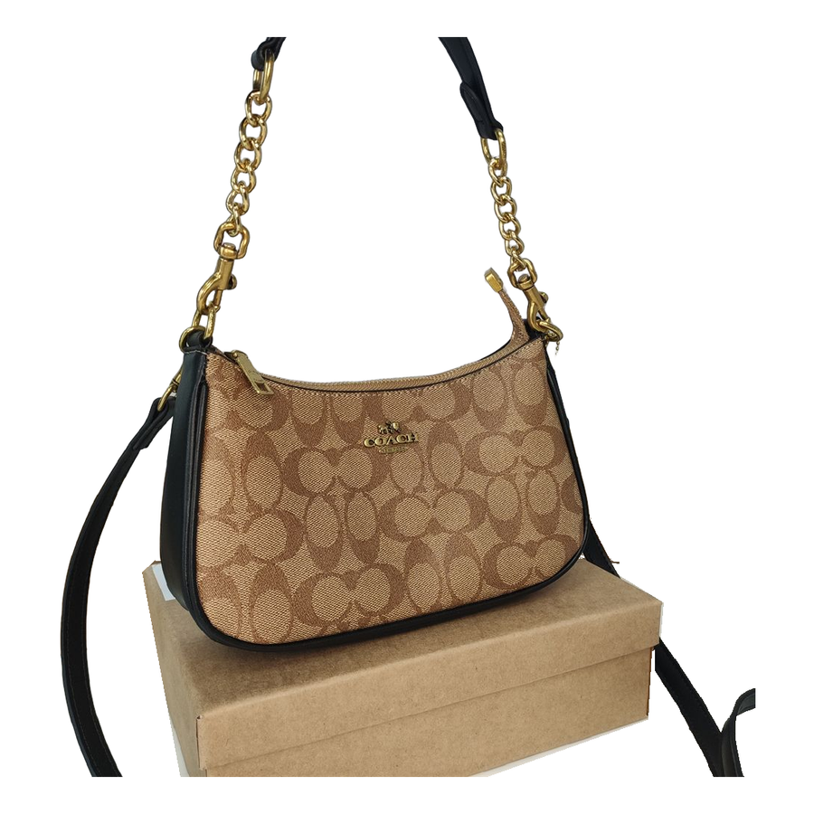Coach Signature Chain Shoulder Bag – Khaki / Black