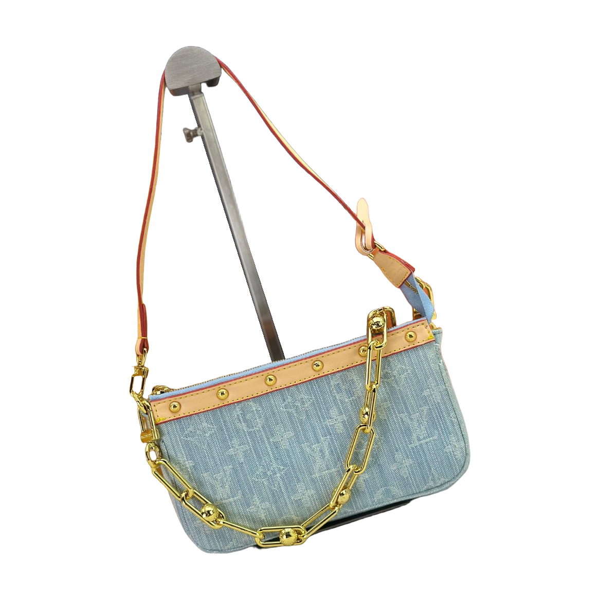 Louis Vuitton Monogram Chain Shoulder Bag with Riveted Trim – Light Blue / Tan