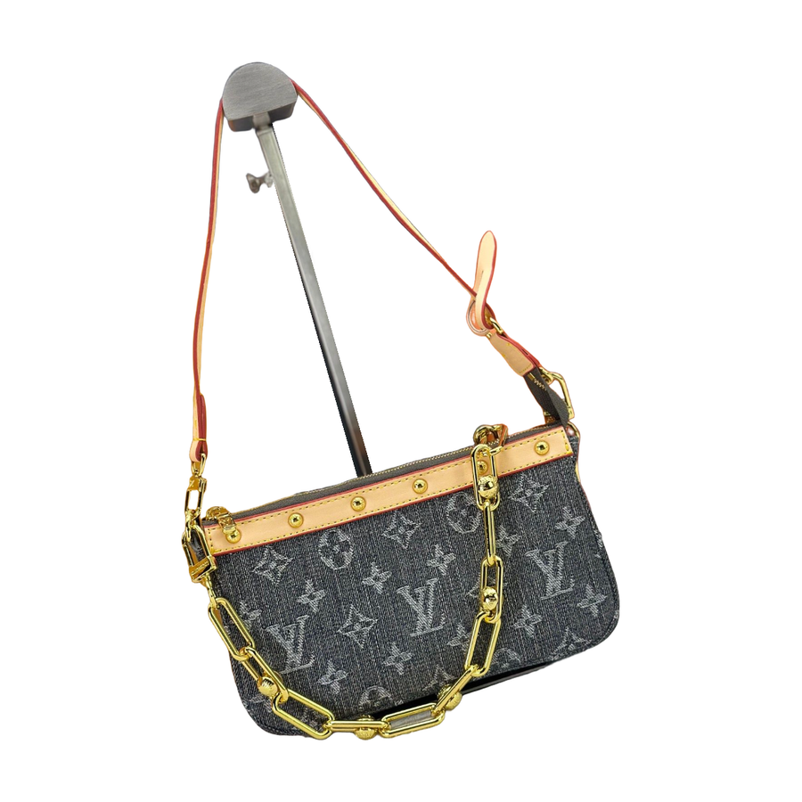 Louis Vuitton Monogram Chain Shoulder Bag with Riveted Trim – Dark Gray / Tan