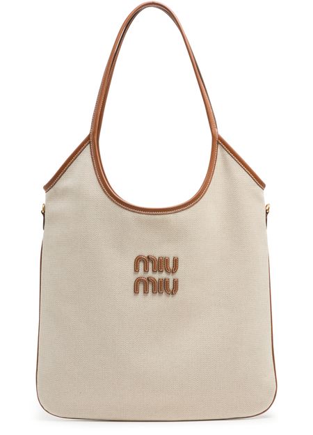 Miu Miu Ivy cotton and leather bag in Naturale Brandy — view 1