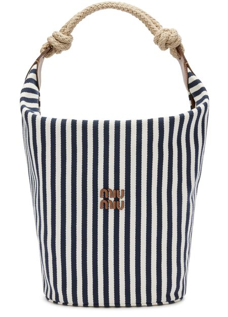 Miu Miu Striped canvas shoulder bag in Blu+Cognac — view 1