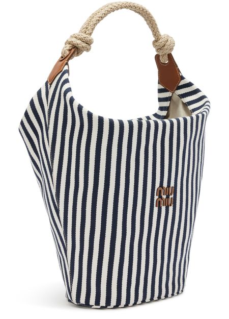 Miu Miu Striped canvas shoulder bag in Blu+Cognac — view 2